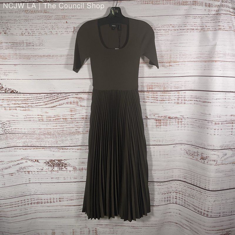 NWT Theory Teak Brown Pleated Poly Combo 1/2 Sleeve Midi Dress - Size P