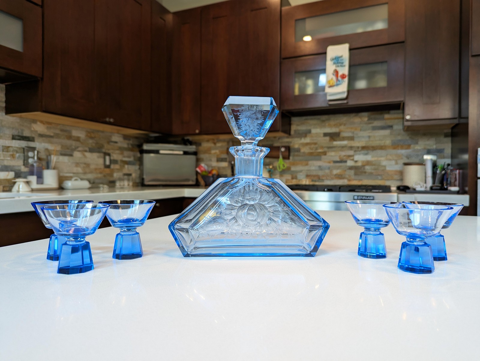 Antique Czech Bohemian Art Deco Cut Crystal Decanter Set c1930s Bright Blue 7pc