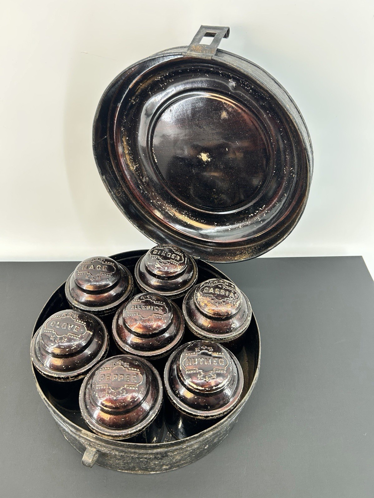 Antique 1830s Toleware Seven Cannister Embossed Spice Tin Antique 1830s Toleware Seven Cannister Embossed Spice Tin