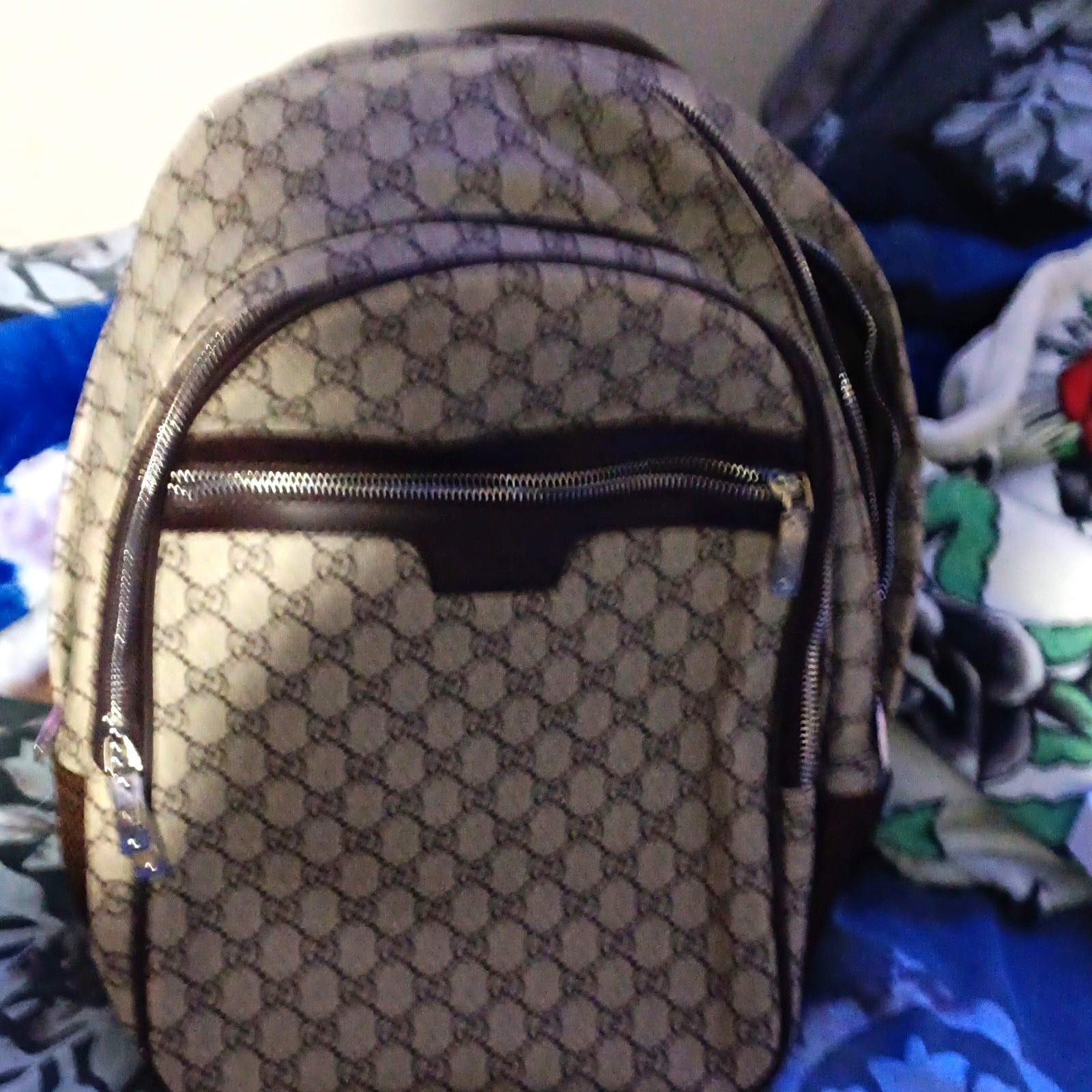 Gucci GG Canvas Leather Trim Backpack Beige/Brown Front Zip Pocket