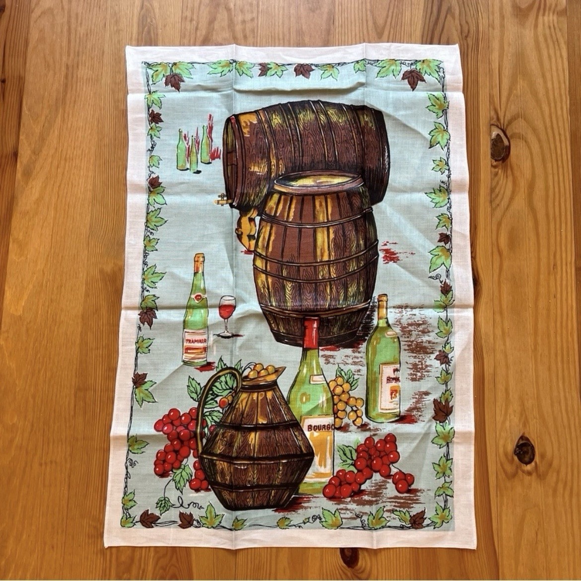 Vintage French Country Tea Towel Wine Cotton Linen Kitchen Vineyard Novelty