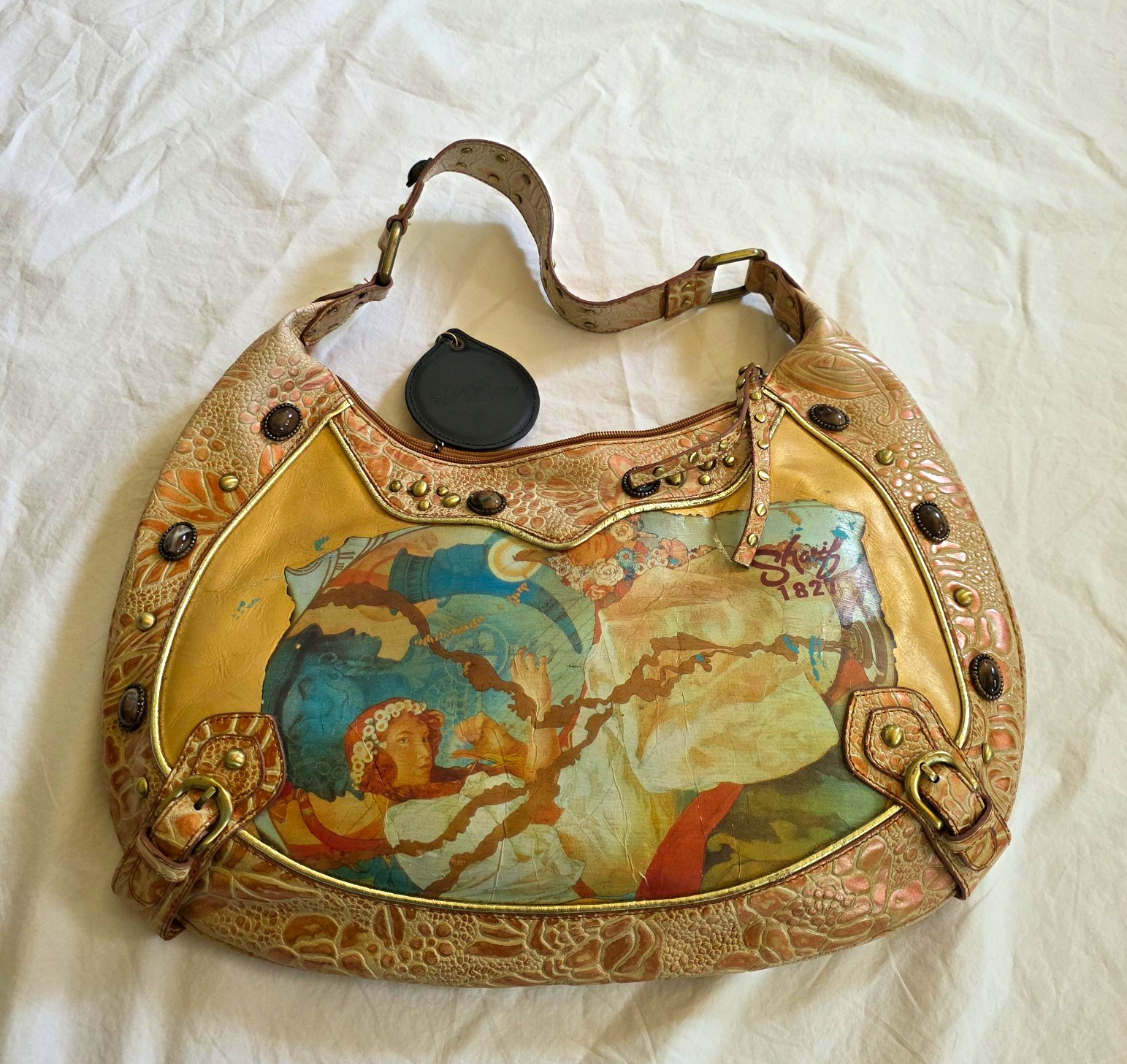 Gorgeous Rare Y2K Sharif Couture Vintage Hand Painted Leather Hobo Bag Studded