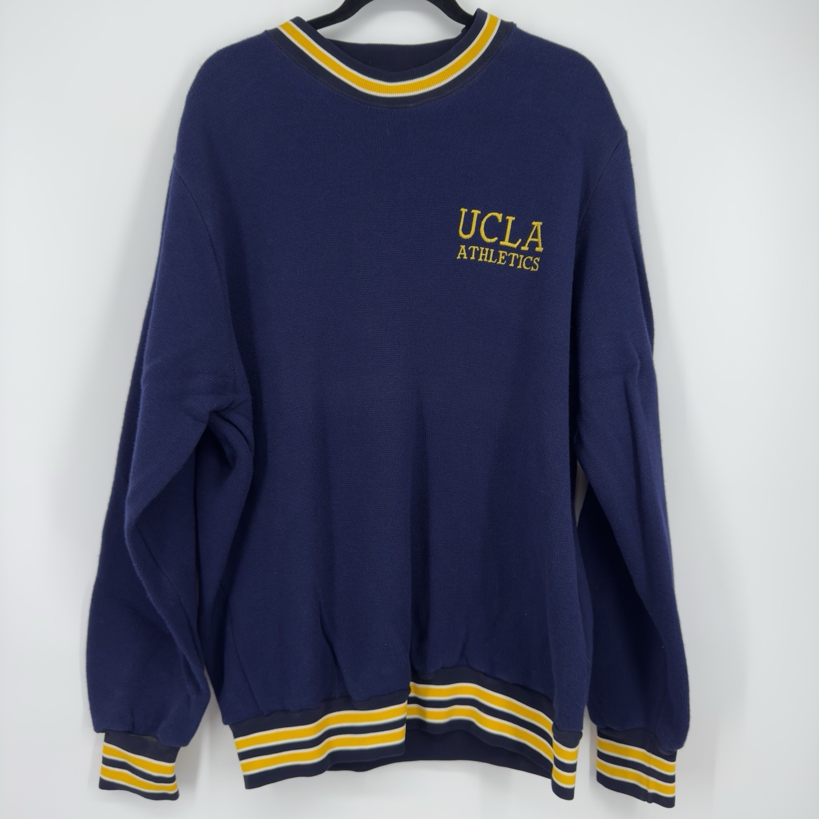 Vtg 80s 90s UCLA Athletics Sand Knit Sweater Crewneck Navy Striped Ribbed XL EUC