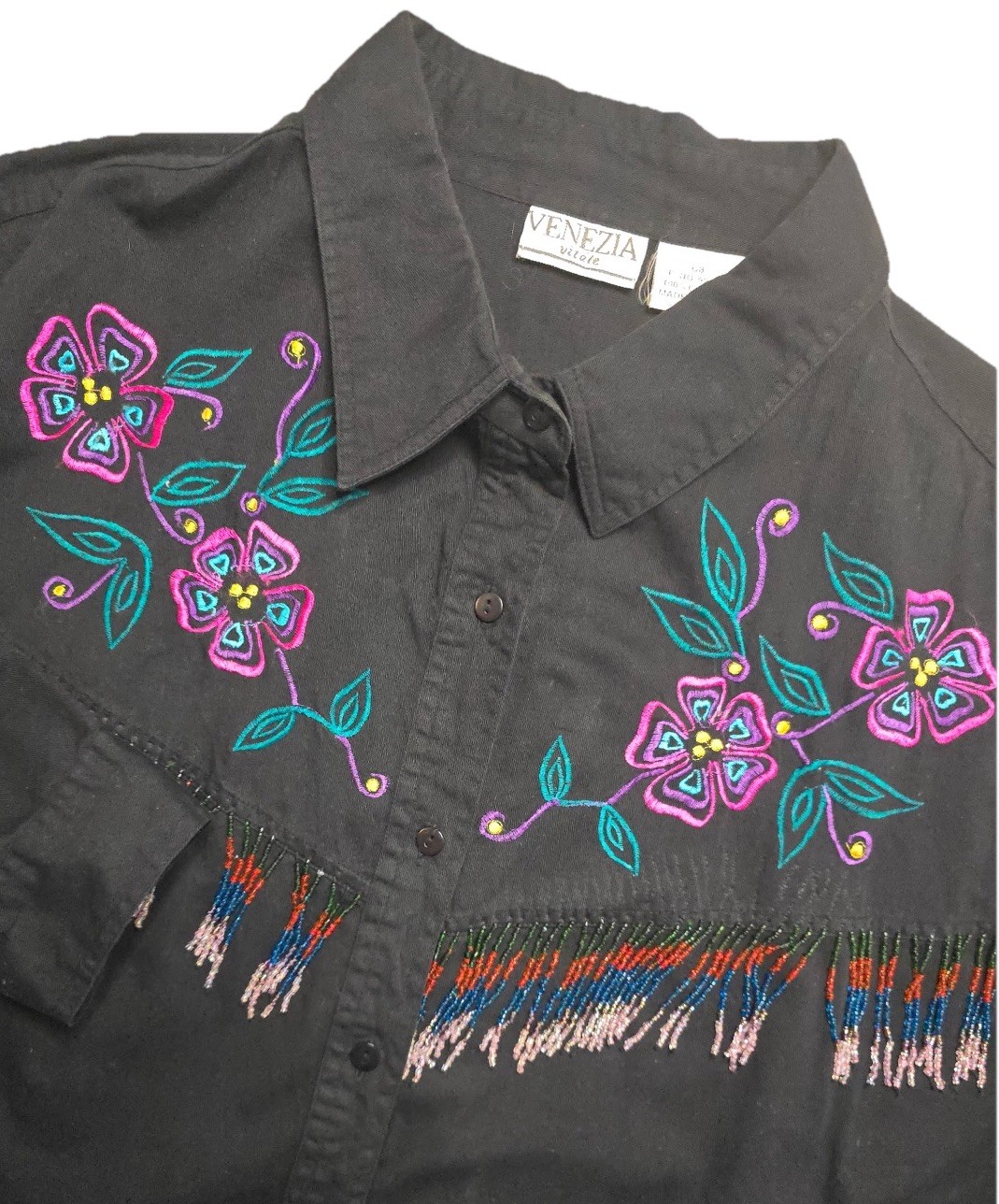 Vtg Venezia Vitale Shirt Women’s 3X Black Floral Embroidered Beaded Western Boho Vtg Venezia Vitale Shirt Women’s 3X Black Floral Embroidered Beaded Western Boho