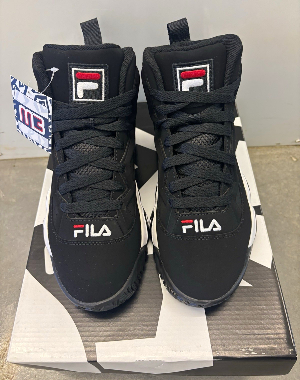 FILA MB Men’s Mid Top Lace Up Athletic Sneaker Black/White/Red 1VB90140 FILA MB Men’s Mid Top Lace Up Athletic Sneaker Black/White/Red 1VB90140