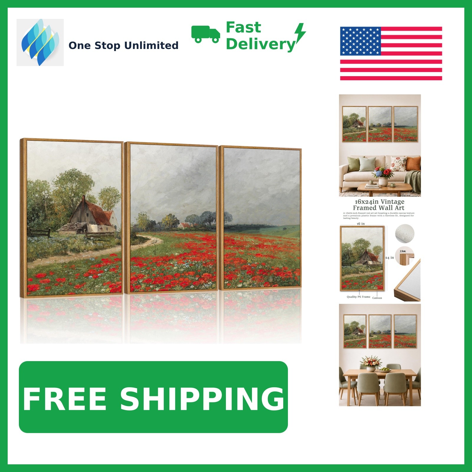HesenDot Poppies Meadow Vintage Frame 24x16 Wall Art Set of 3
