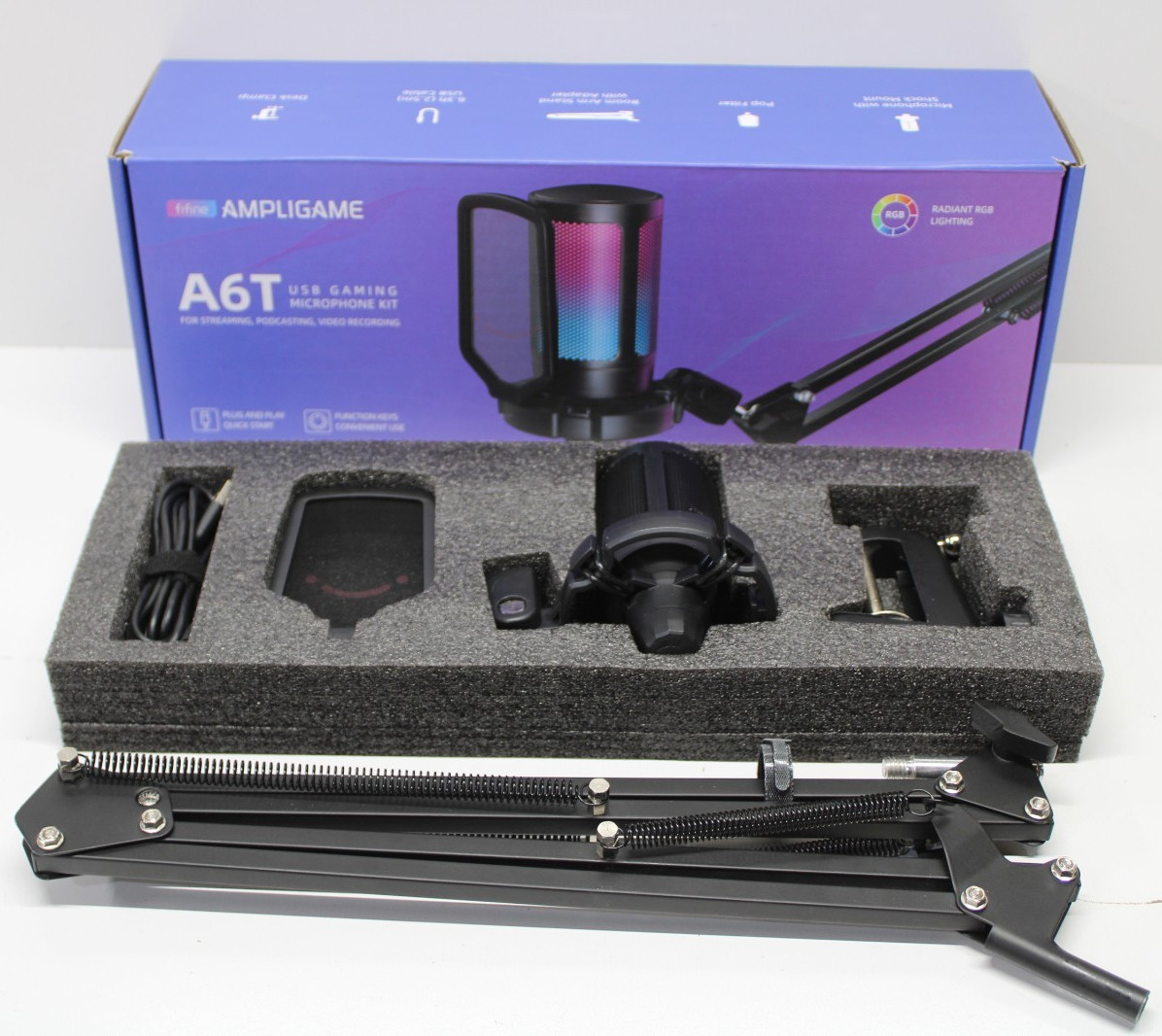 Fifine Ampligame A6T USB Gaming Microphone Kit RGB Lighting Complete - Tested Fifine Ampligame A6T USB Gaming Microphone Kit RGB Lighting Complete - Tested