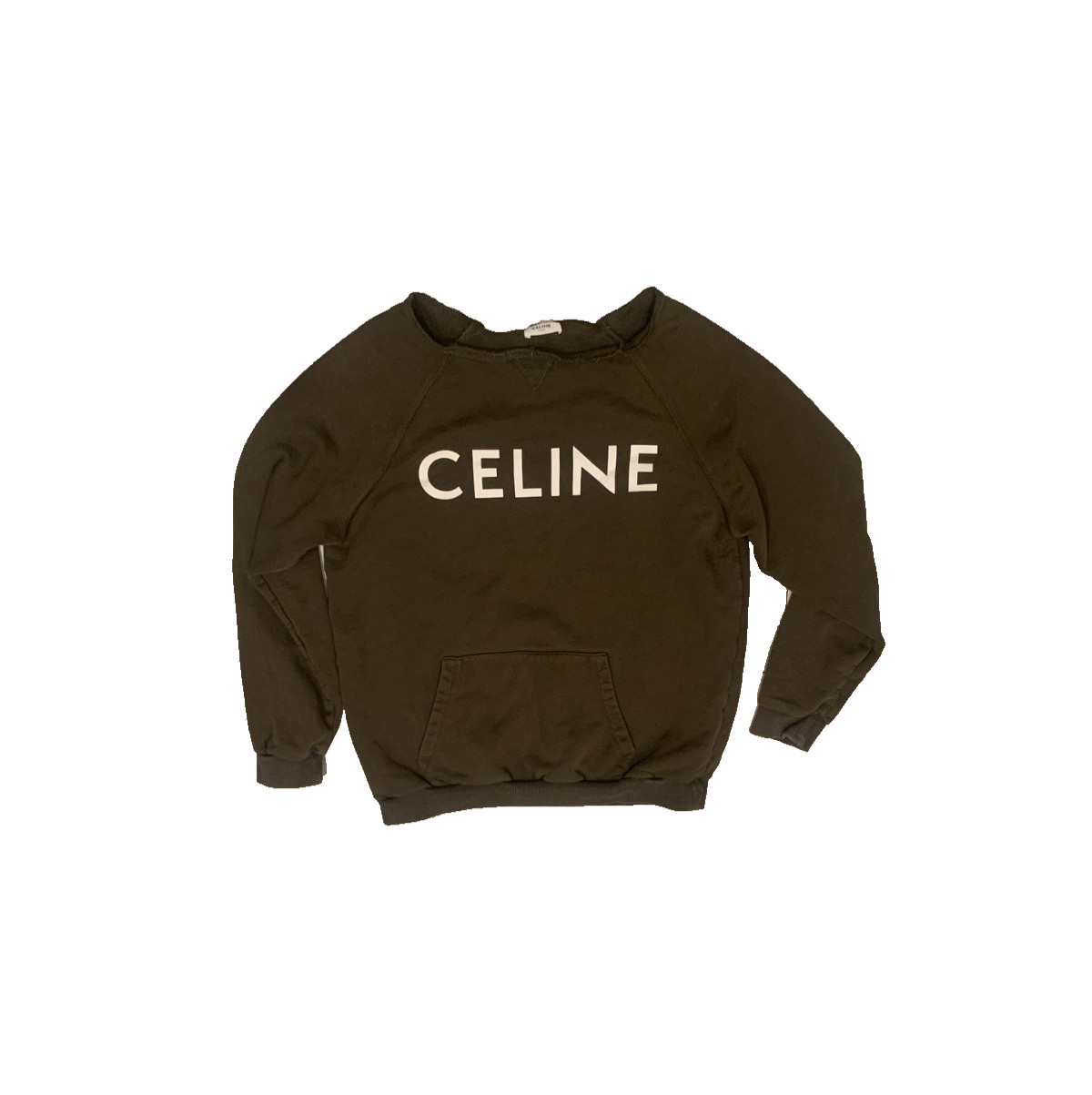 CELINE Logo Print Sweatshirt Olive Green Front Pocket Size Small