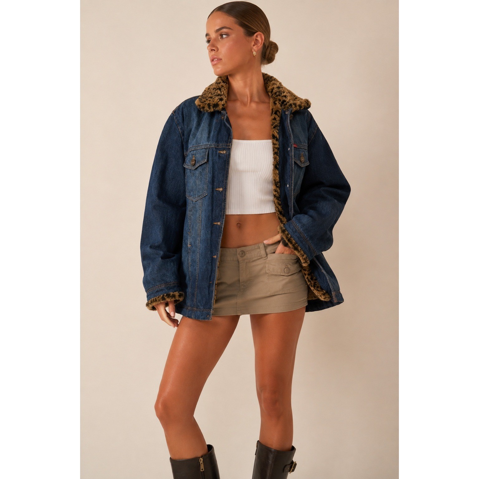 Vintage Miss Seventy Y2K Denim Jacket Leopard Faux Fur Trim Coat Sz. 10 Mob Wife