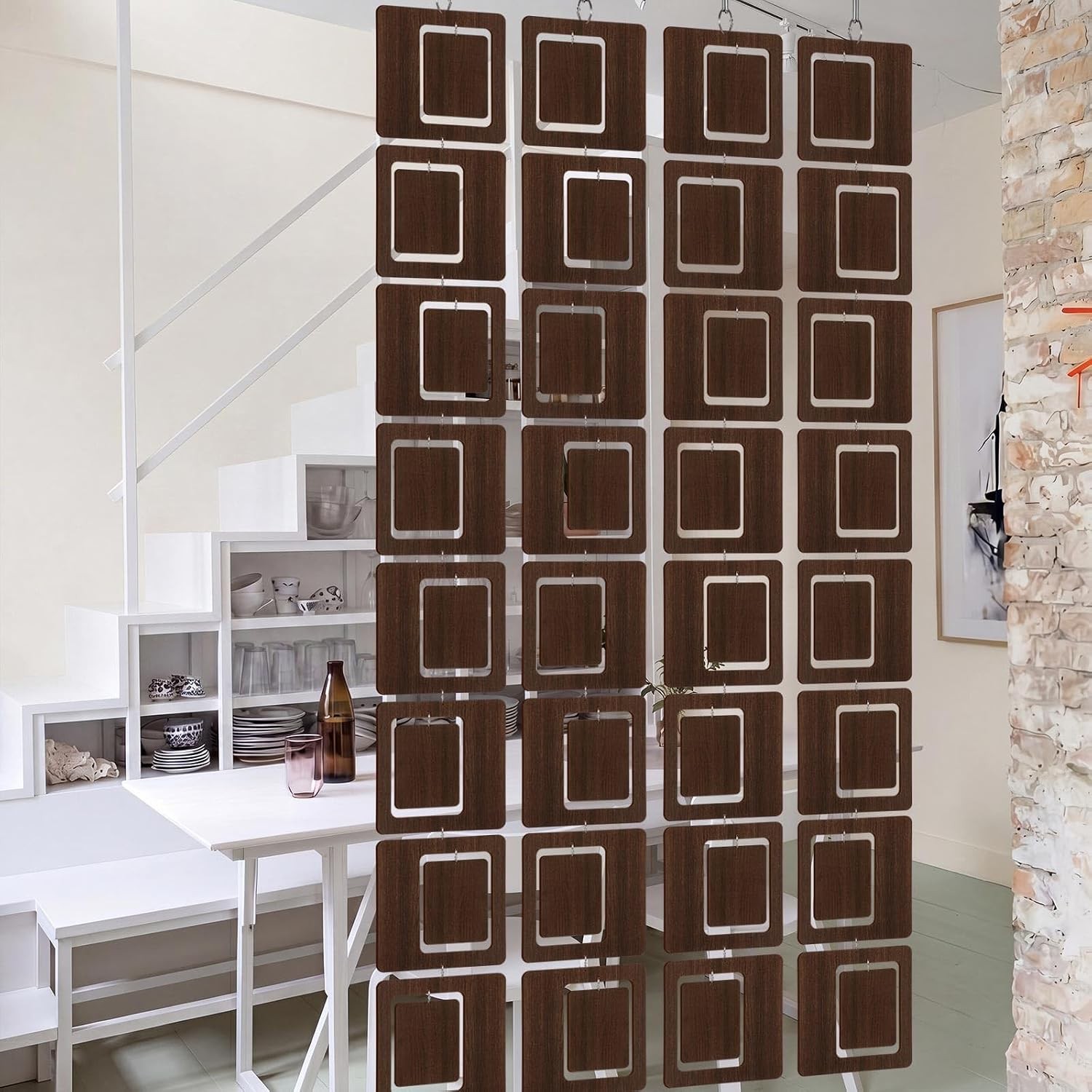 Mid Century Modern 4 String Brown Hanging Decorative Room Divider Panel Modern