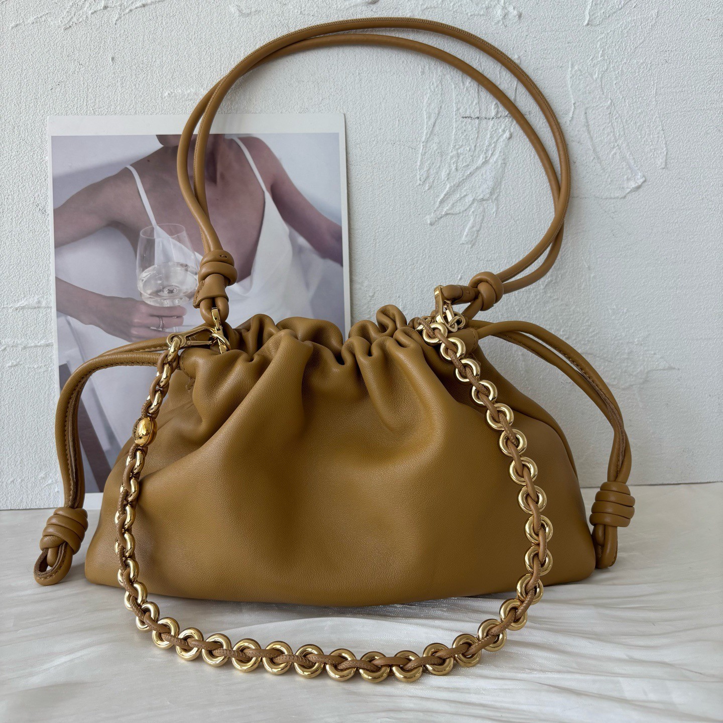 AUTH Loewe Flamenco Tan Soft Leather Gold Hardware Chain Drawstring Shoulder Bag
