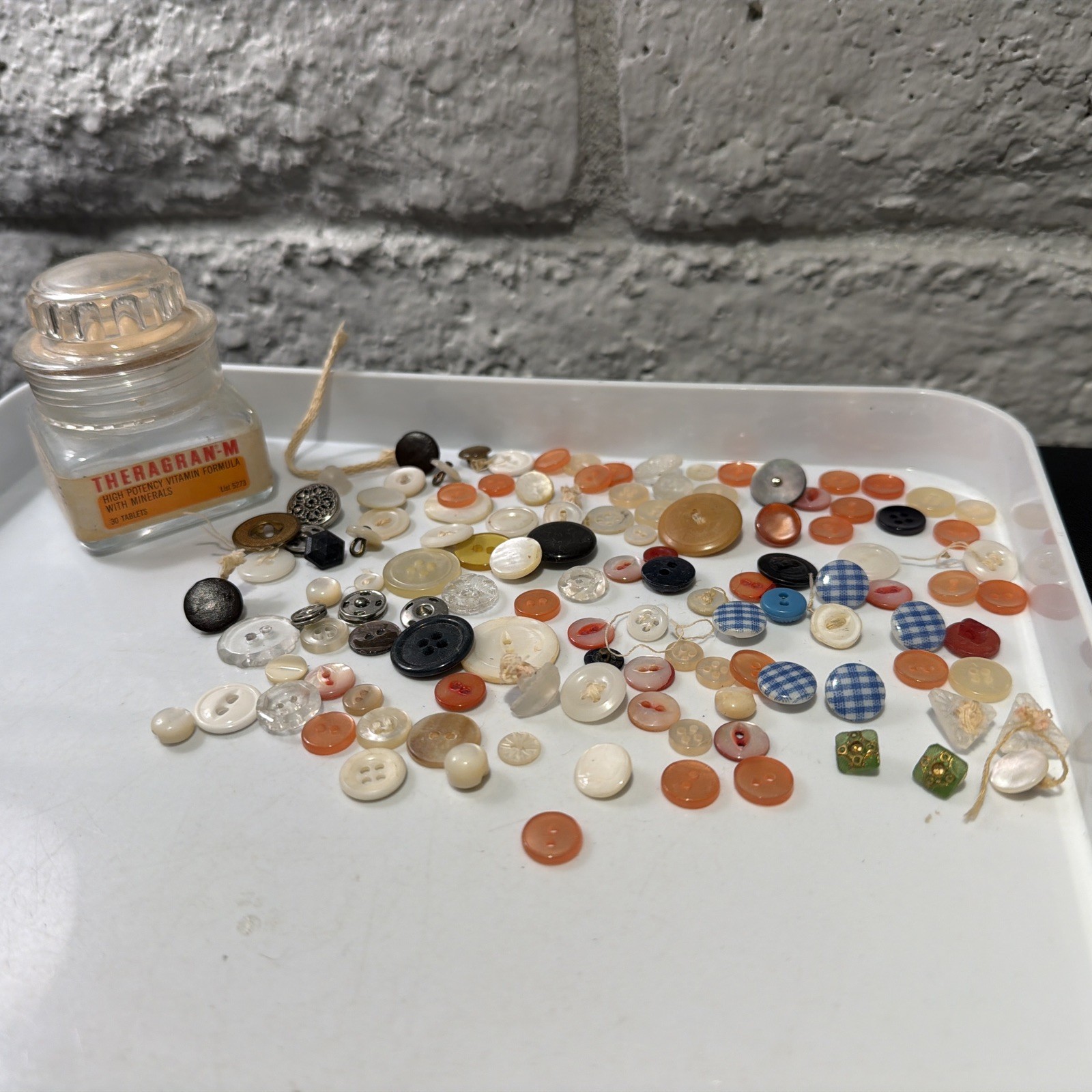 Vintage Small E.R. Squibb & Sons Theragran-M Vitamin Bottle With Buttons READ