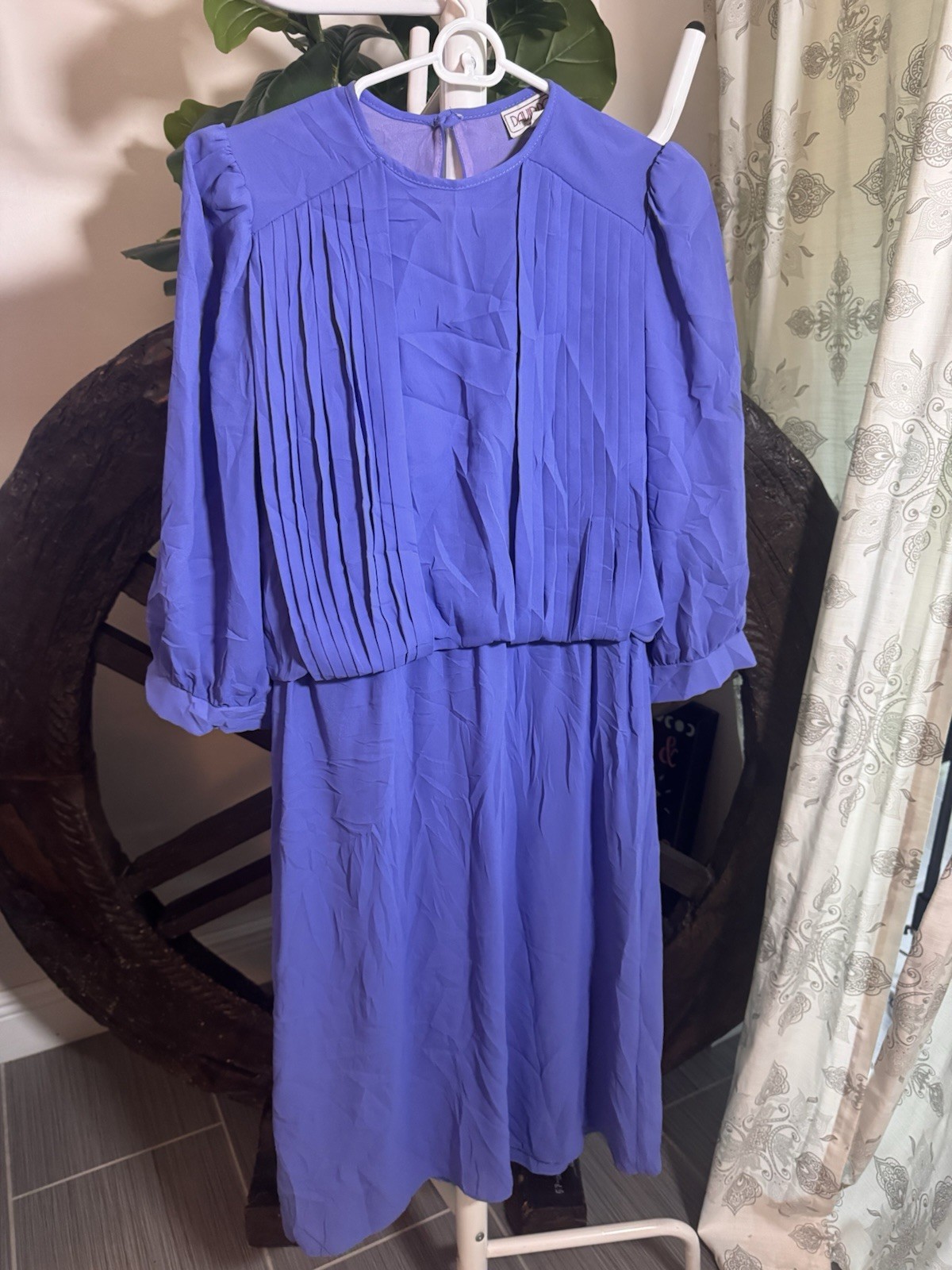 VTG 80s Daudro Pleated Blouson Midi Dress Blue Sz 11/12 Made In The USA