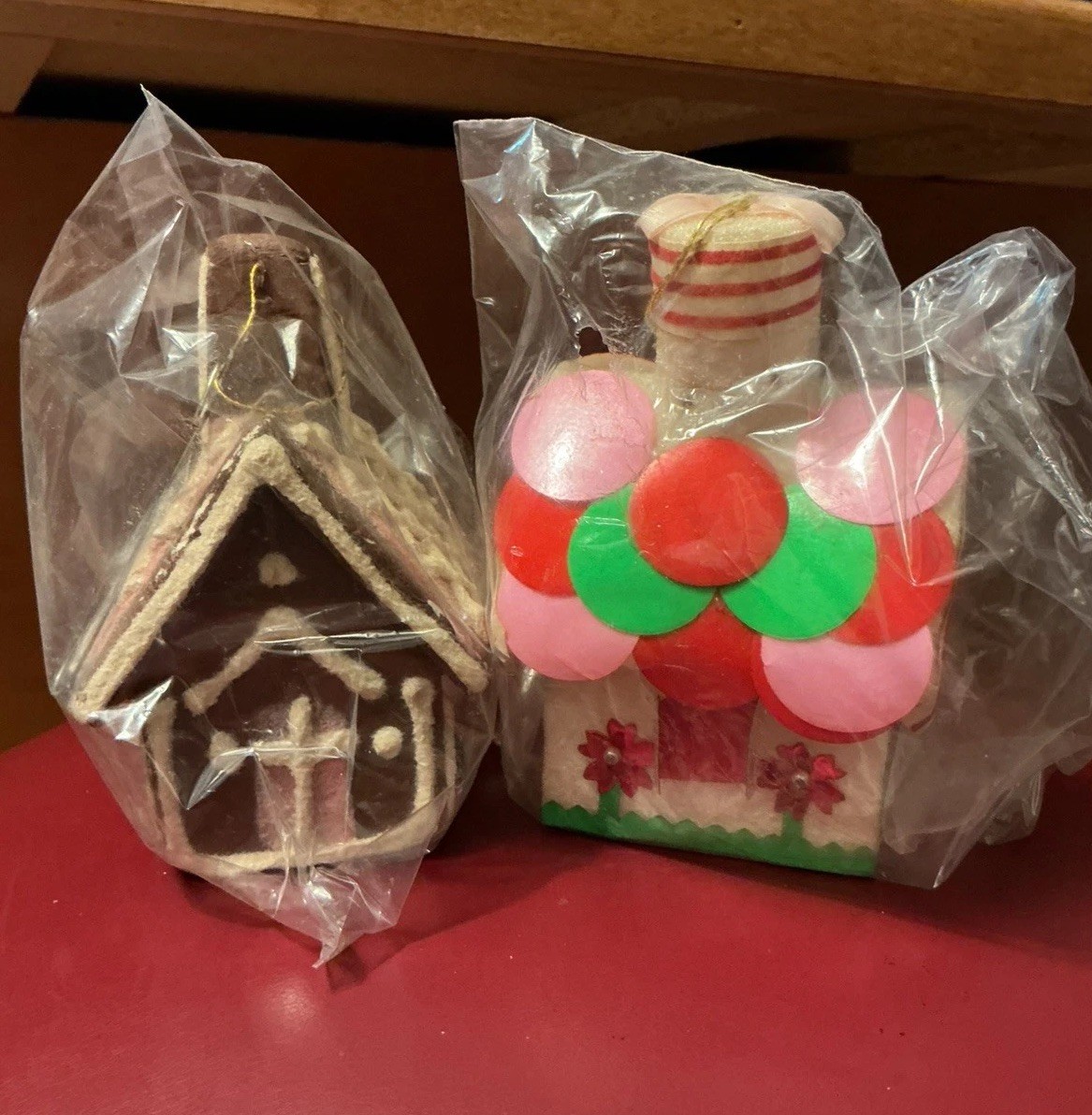 2 Vintage Styrofoam Christmas Ornament Houses Japan Kitsch 60s Mint in Pkg