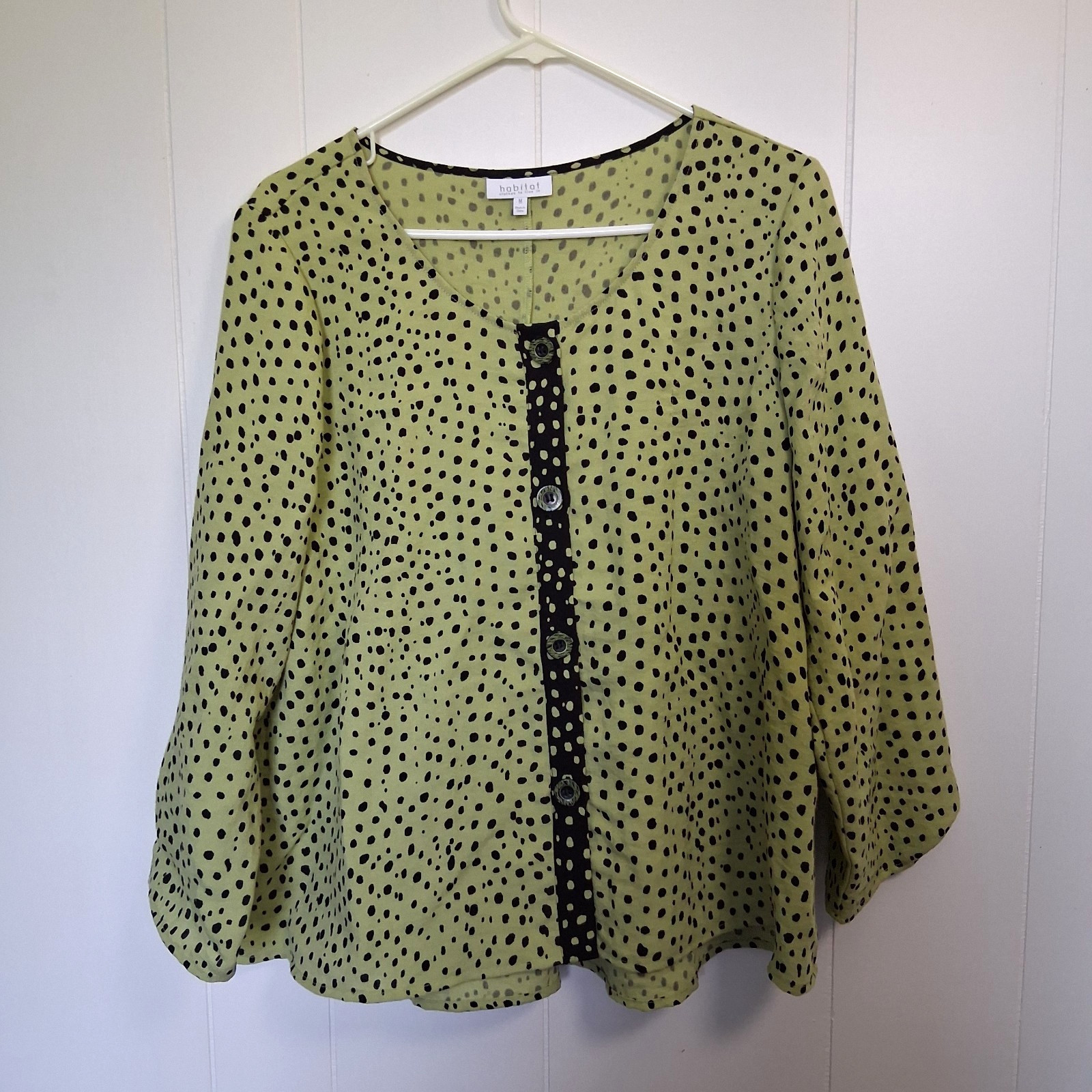 Habitat Blouse Women\'s Size M Green Black Polka Dot Button Front Lagenlook Artsy Habitat Blouse Women\'s Size M Green Black Polka Dot Button Front Lagenlook Artsy