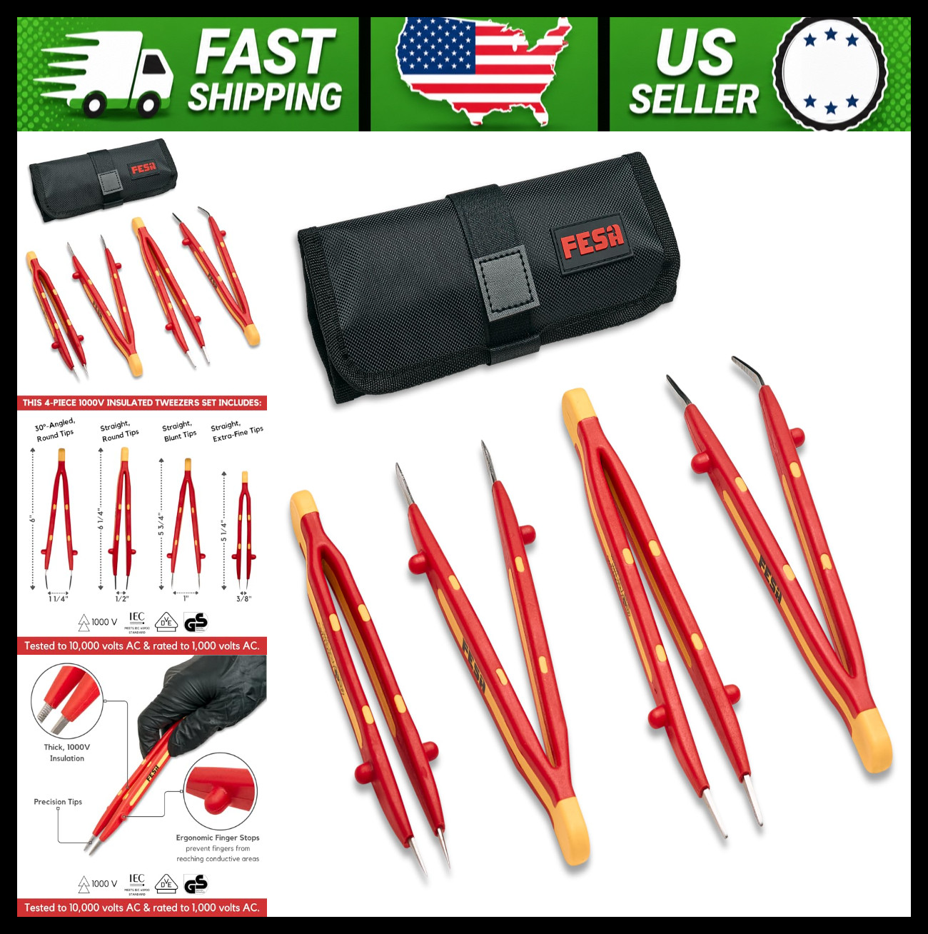 FESA Insulated Tweezers Set 4-Piece 1000V Precision Tips