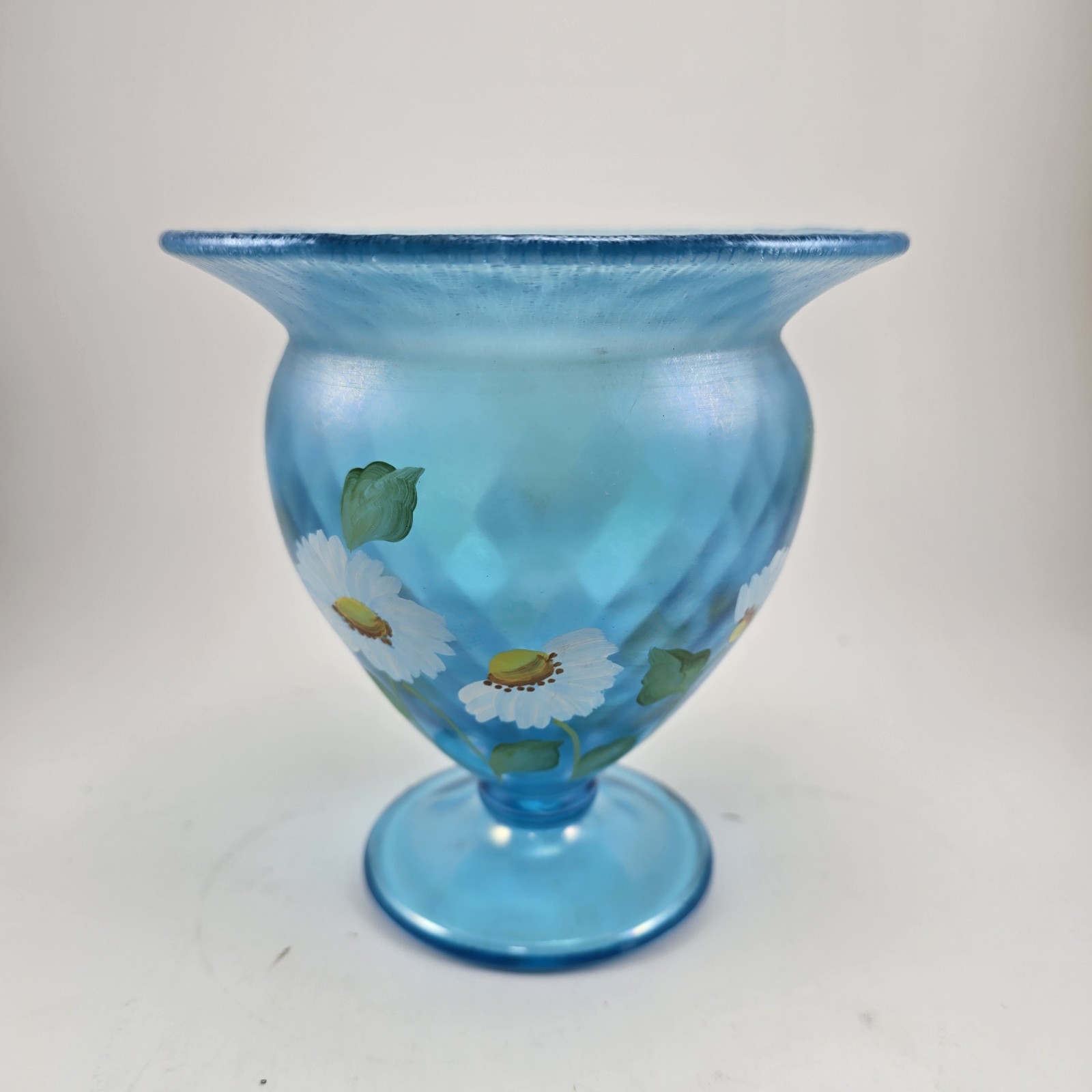 Fenton Celeste Blue Daisies Footed Flower Vase Signed By Artist S Davis 1997 Fenton Celeste Blue Daisies Footed Flower Vase Signed By Artist S Davis 1997