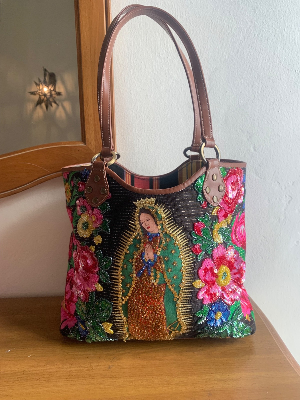 RARE Isabella Fiore VIRGIN MARY GUADALUPE SEQUIN TOTE bag