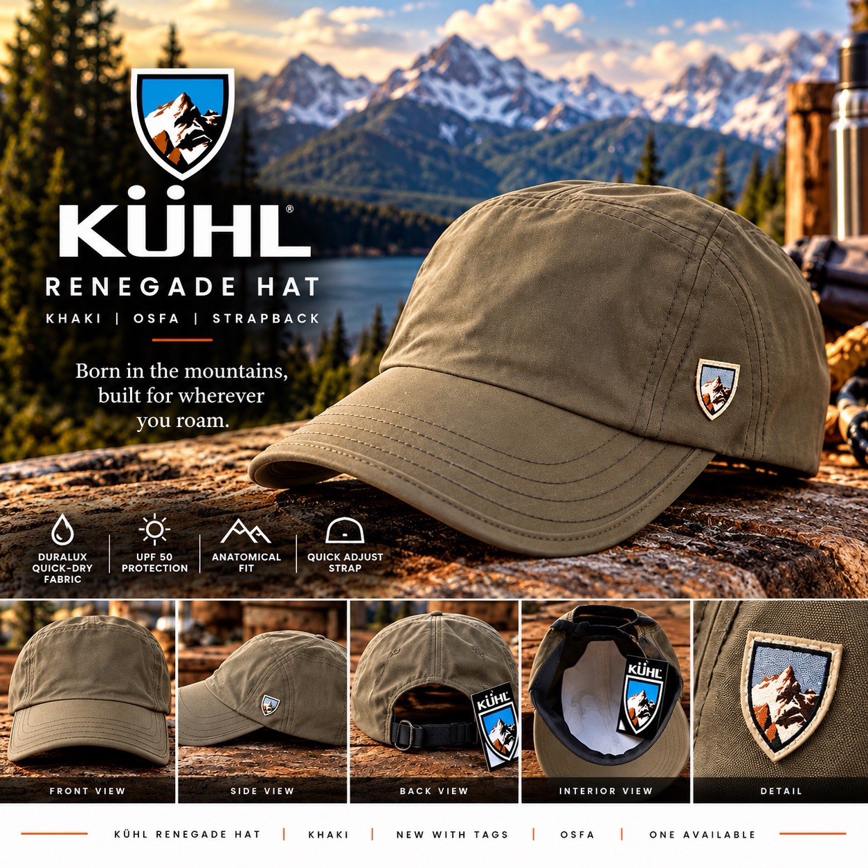 KUHL Renegade Khaki Men\'s Baseball Cap One Size Adjustable Outdoor Solid KUHL Renegade Khaki Men\'s Baseball Cap One Size Adjustable Outdoor Solid