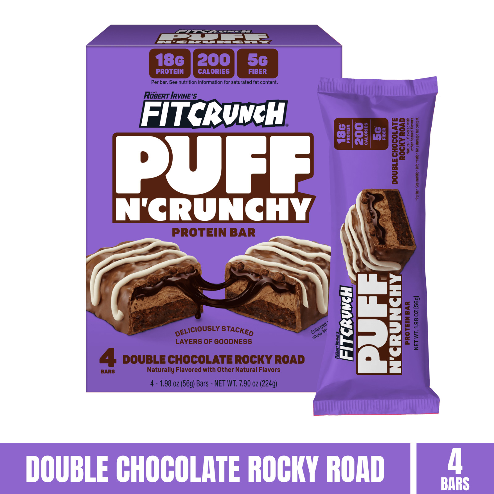 FITCRUNCH Puff n\' Crunchy, Double Chocolate Rocky Road, 18g Protein, 4 Count
