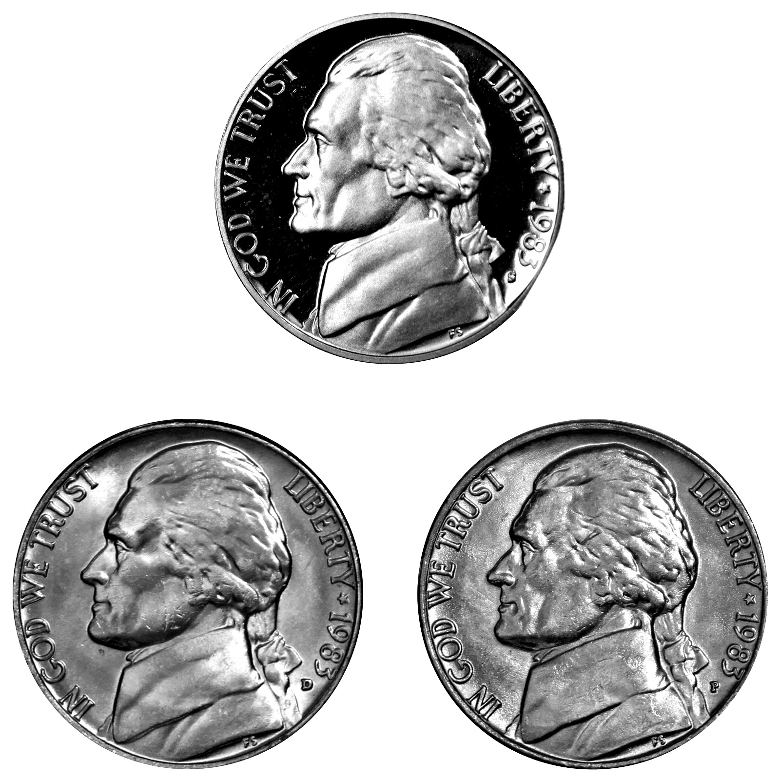 1983 P D S Jefferson Nickel 5c Year set Proof & BU US (3 Coins)