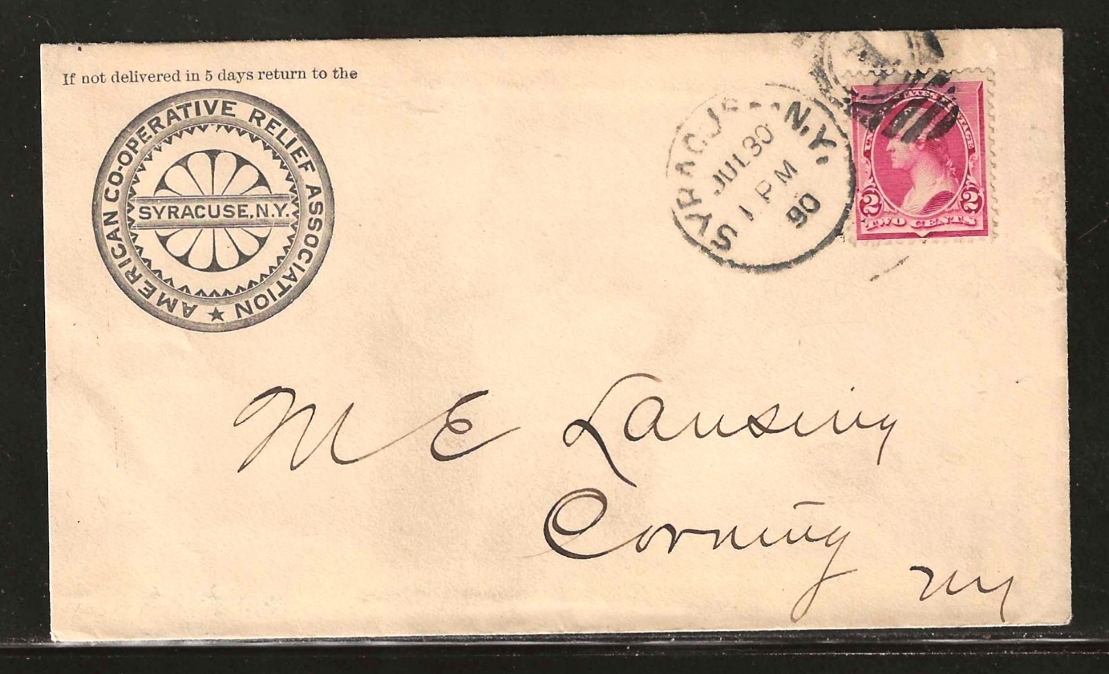 1890 CO-OPERATIVE RELIEF ASSOC. CORNER -  SYRACUSE NY TO CORNING NY - RECEIVER