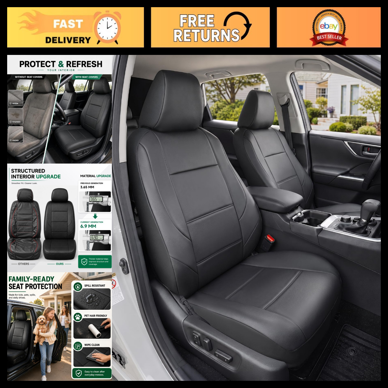 Custom Fit Front Seat Covers for Chevy Silverado GMC Sierra 2007-2026, Faux Leat Custom Fit Front Seat Covers for Chevy Silverado GMC Sierra 2007-2026, Faux Leat