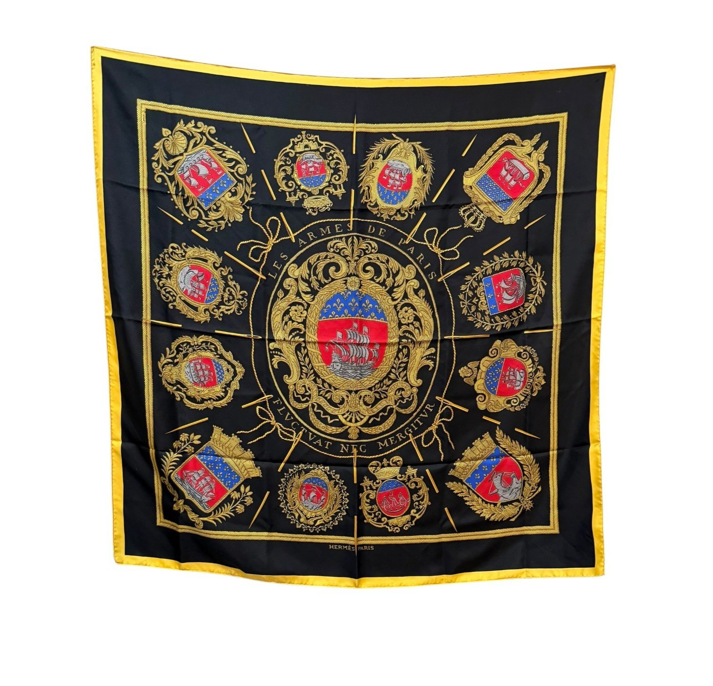 Hermès Les Armes de Paris Silk Scarf Black Gold Red by Hugo Grygkar Vintage