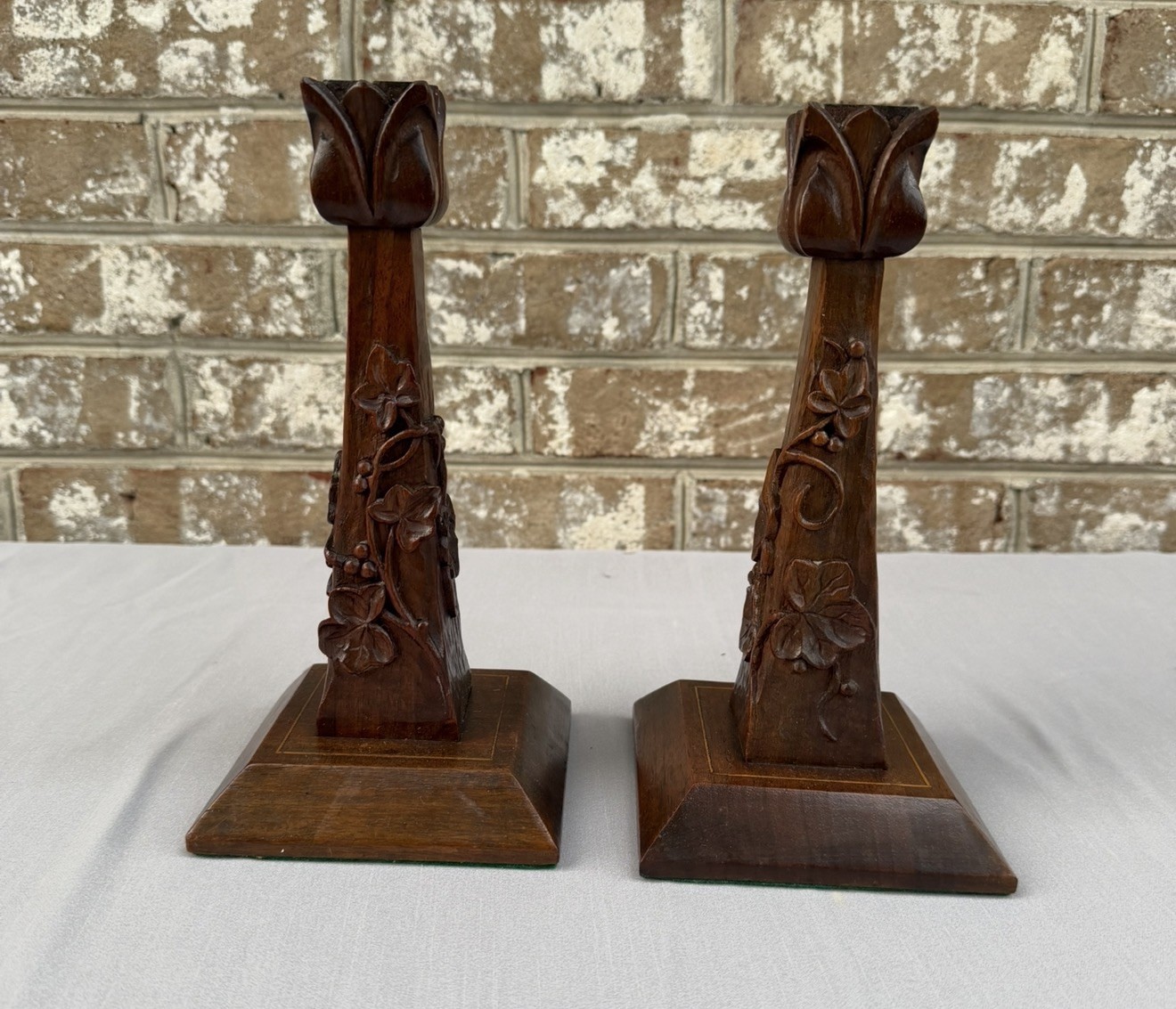 Rare Antique C.S. Paine Grand Rapids Carved Wood Candlesticks Arts & Crafts Pair