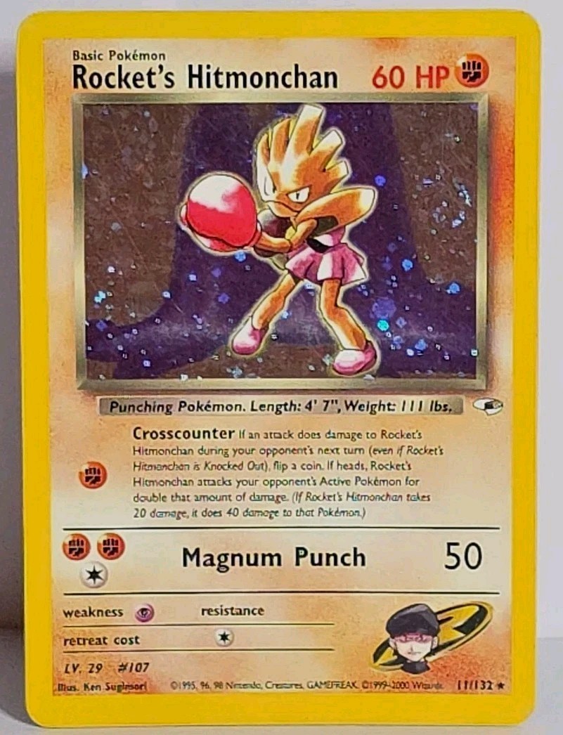 Rocket\'s Hitmonchan 11/132 Holo Swirl Error Gym Heroes Vintage WOTC Pokémon TCG 