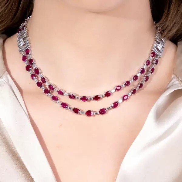 52ctw Created Oval Cut Ruby & Diamond Two Row Statement Necklace 14k Gold Plated
