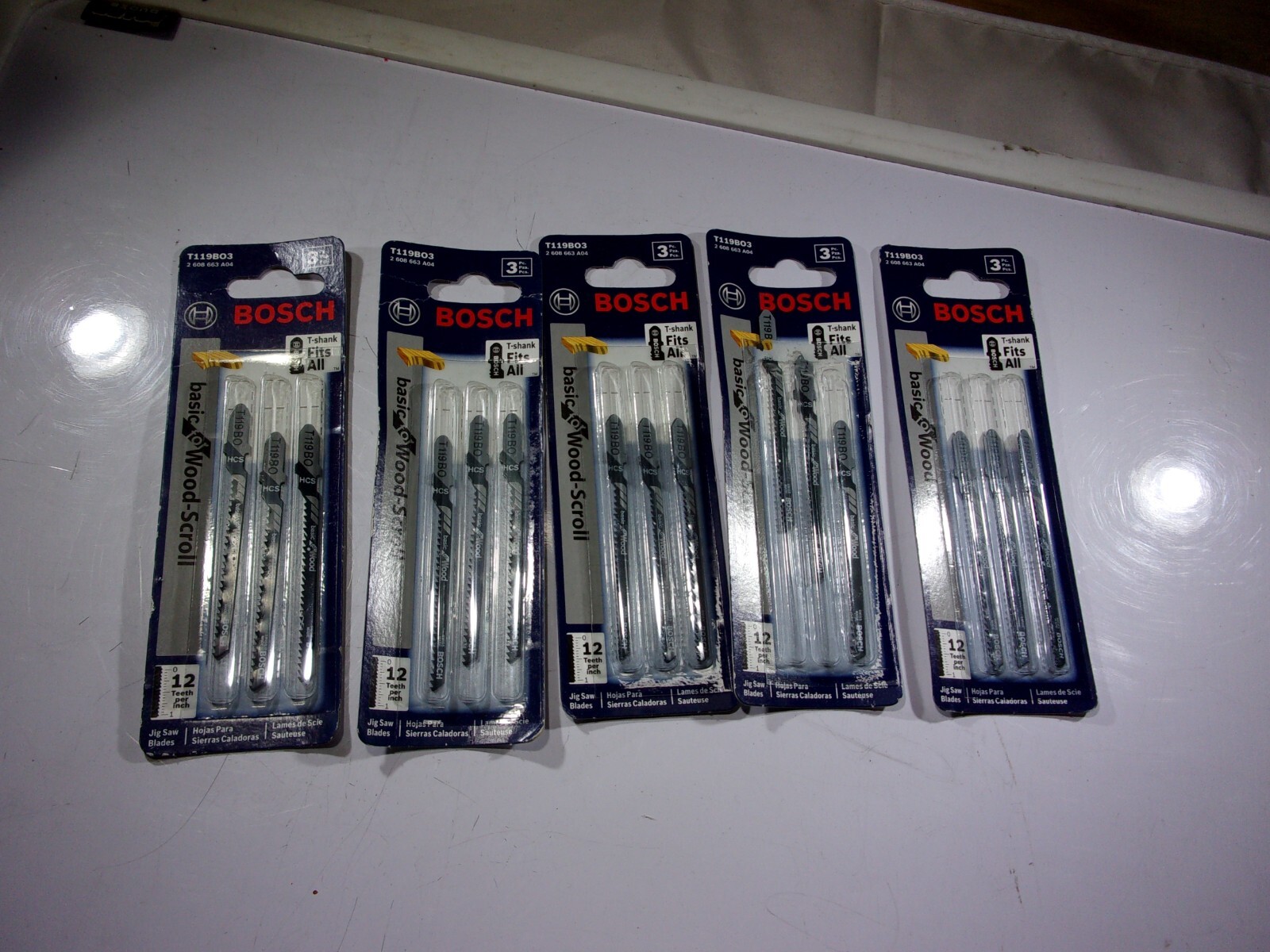 NEW 5pk. BOSCH 3pc. T-SHANK WOOD SCROLL JIGSAW BLADES # T119B03 NEW 5pk. BOSCH 3pc. T-SHANK WOOD SCROLL JIGSAW BLADES # T119B03