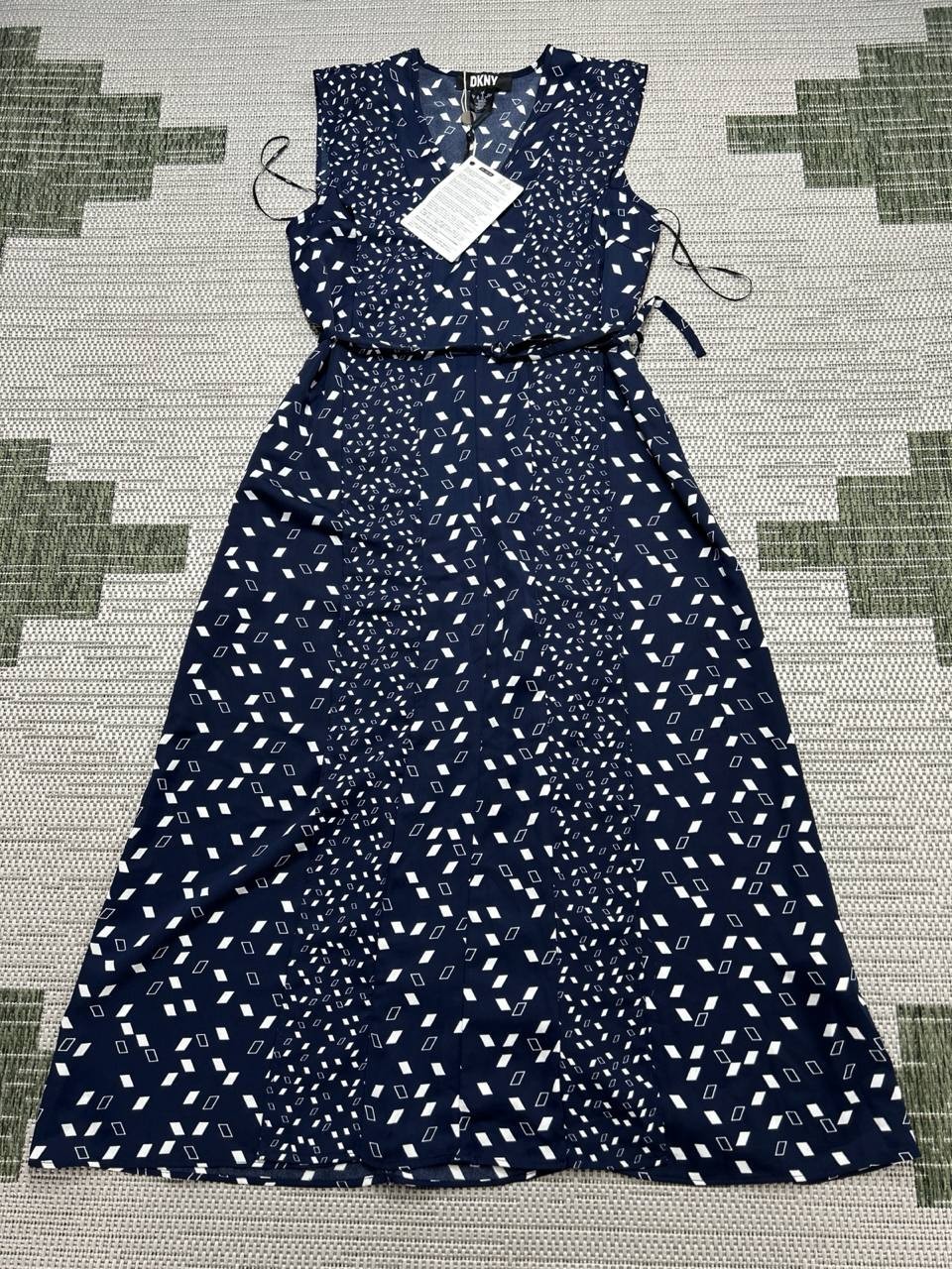 Dkny Dress Womens 2 Blue White Blouson Wrap Midi New 