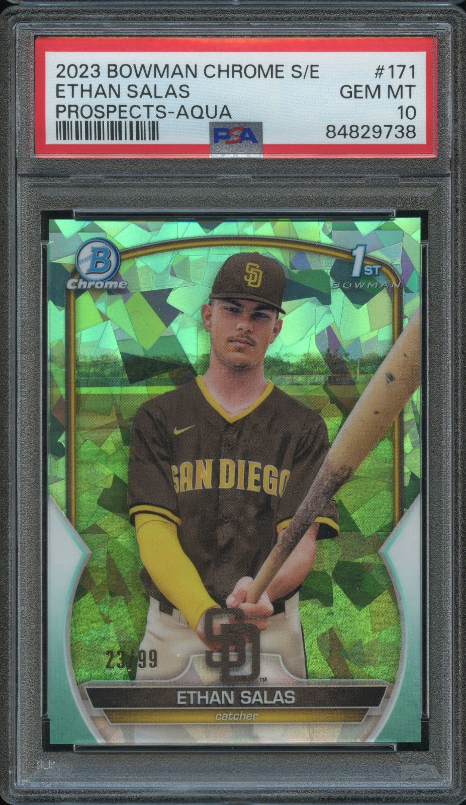 PSA 10 2023 BOWMAN CHROME PROPECTS SAPPHIRE EDITION AQUA 171 ETHAN SALAS RC/99
