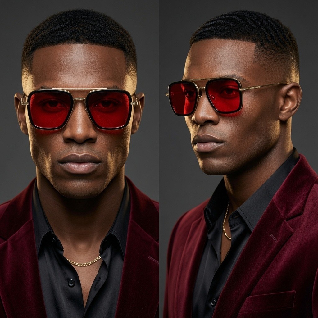 Mens Square Summer Sunglasses Red Lens Gold Black Frame Tony Stark Style Trendy
