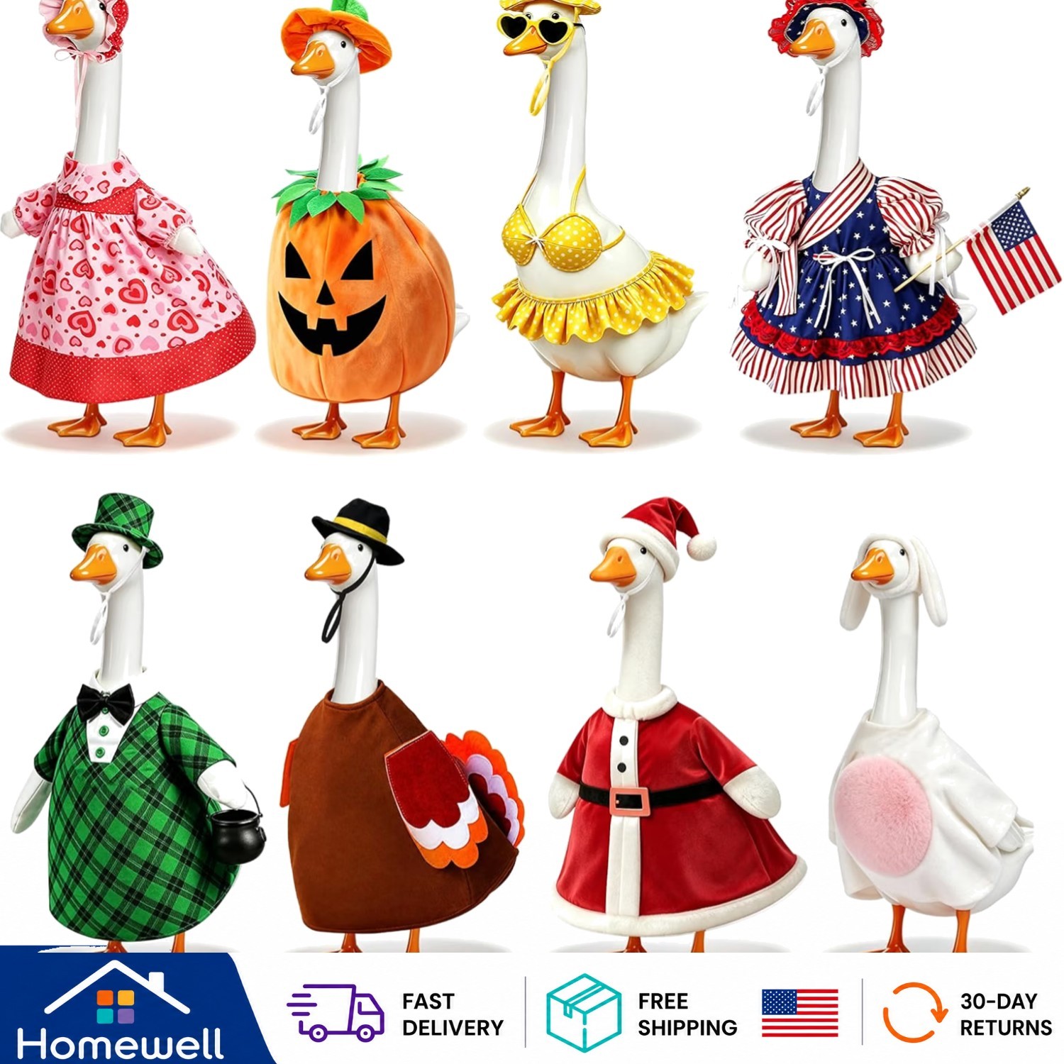 All-Season 8-Piece Porch Goose Outfit Collection for Vibrant Outdoor Decor