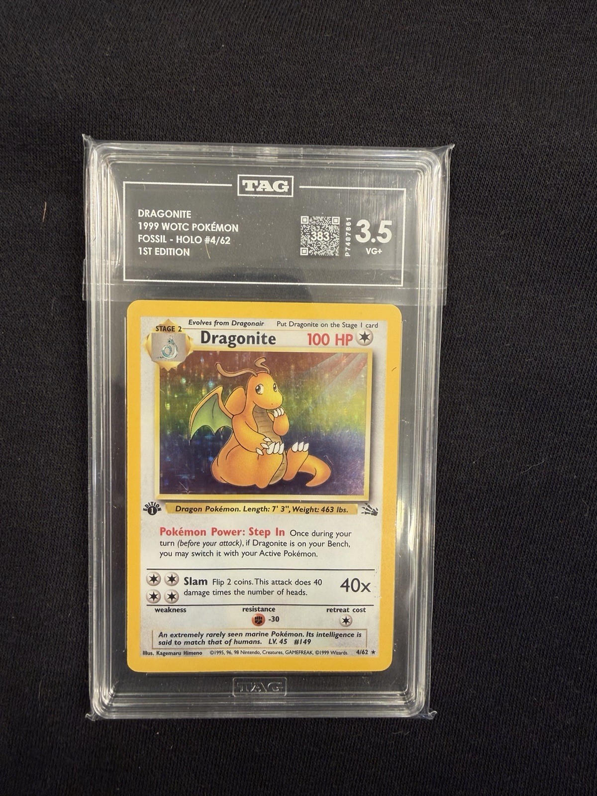 Wizards of the Coast 1999 Pokemon Fossil Dragonite 1st Ed Holo Graded 4/62