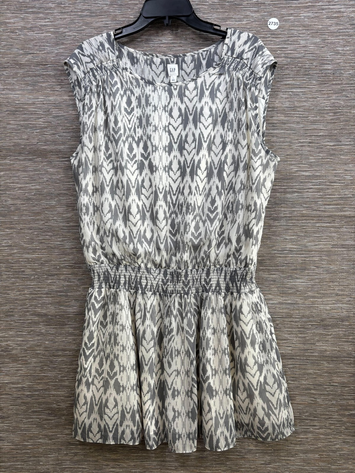 Gap Dress Womens L Gray Geometric Chiffon Smocked Waist Fit & Flare Sundress NEW