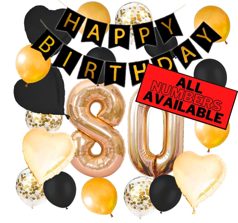 80th Birthday Decorations - Gold and Black Theme - Balloons, Banner - Him or Her