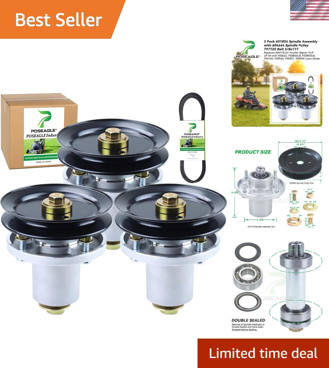 3 Pack 607418 Spindle Assembly for Hustler Fastrak 54 inch Spindle