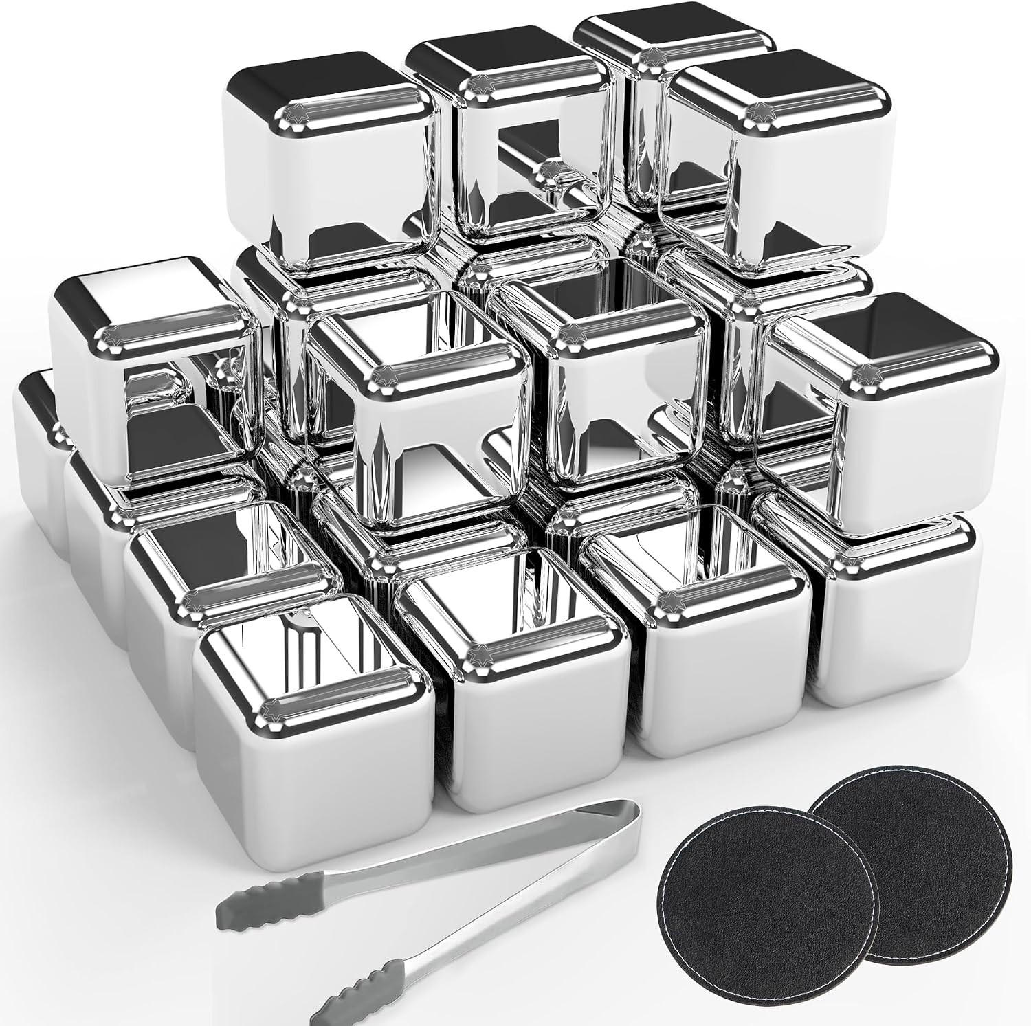 24-Pack Reusable Metal Ice Cubes, Stainless Steel Whiskey Stones for Drinks