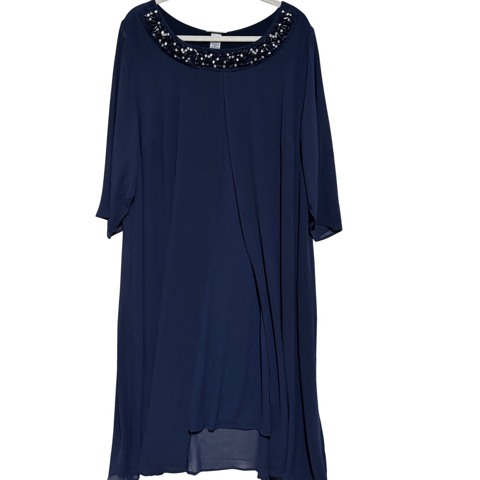 Catherines Navy Blue Beaded Neckline Chiffon Shift Dress Sz 2X formal wedding