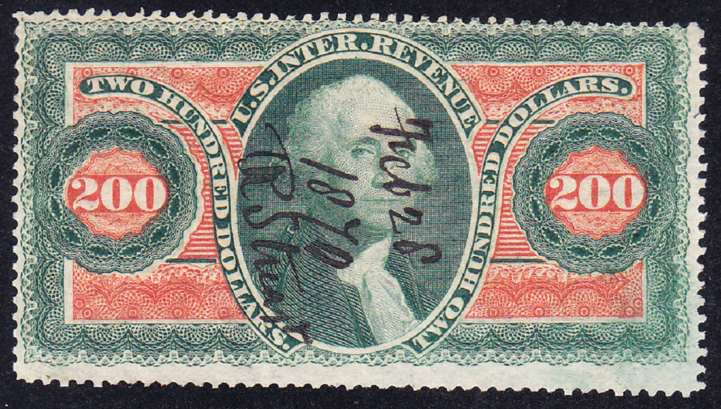 US Scott R102c $200 1st issue revenue stamp U/F-VF CV $800 US Scott R102c $200 1st issue revenue stamp U/F-VF CV $800