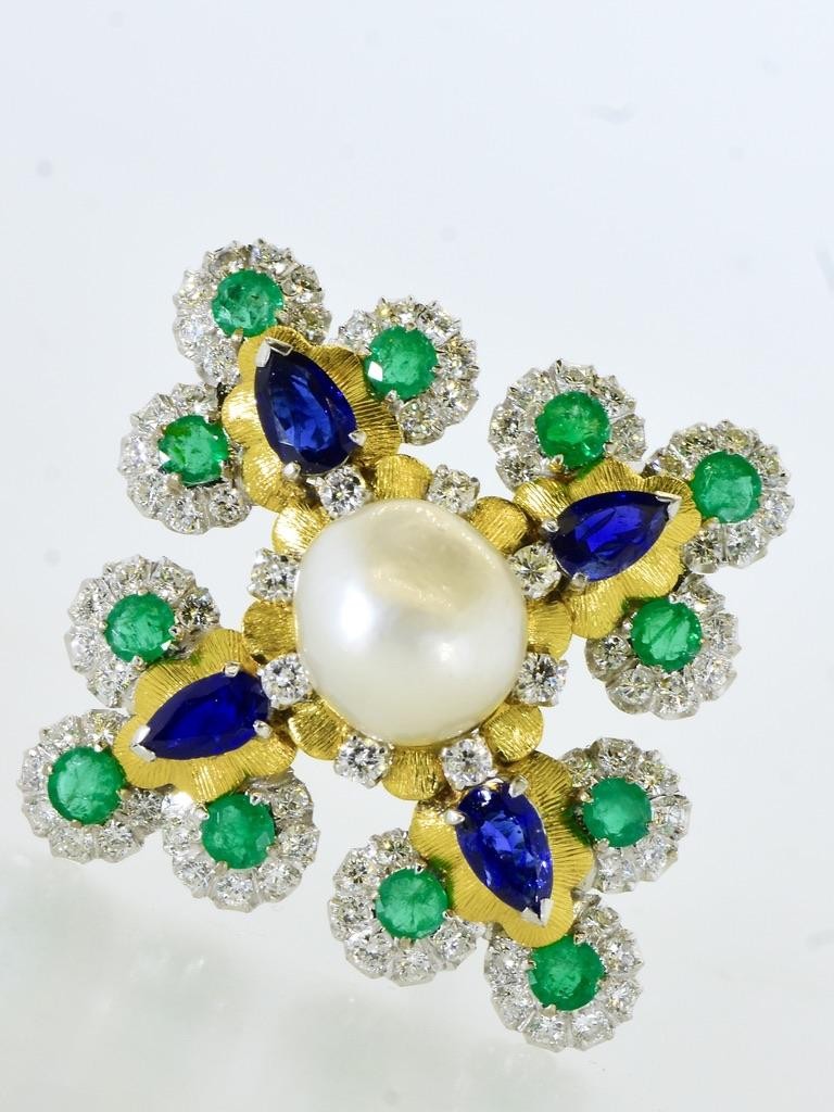 18K White & Yellow Gold Diamond Sapphire Emerald & Pearl Vintage Brooch/Pendant