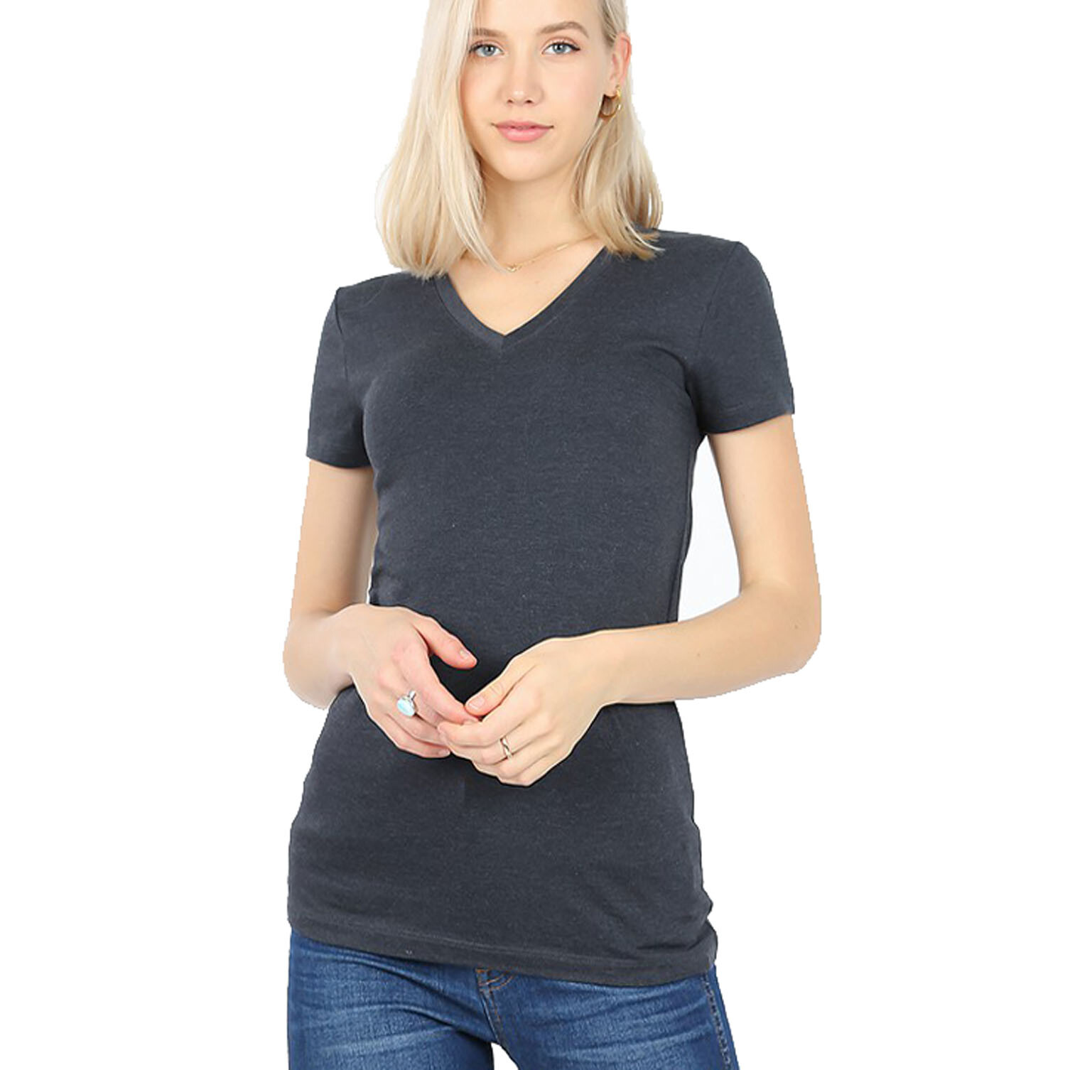 (Zenana Outfitters) V-Neck Short Sleeve T Shirt Plain Solid Top Stretchy Cotton