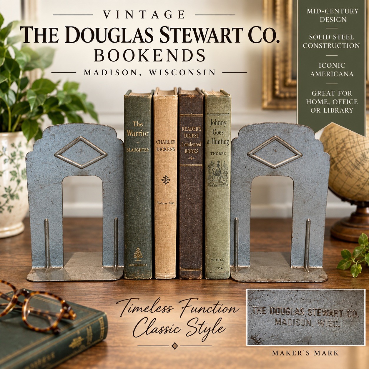 Vintage Douglas Stewart Co Metal Bookends Madison WI MCM College Dorm 1950s 60s
