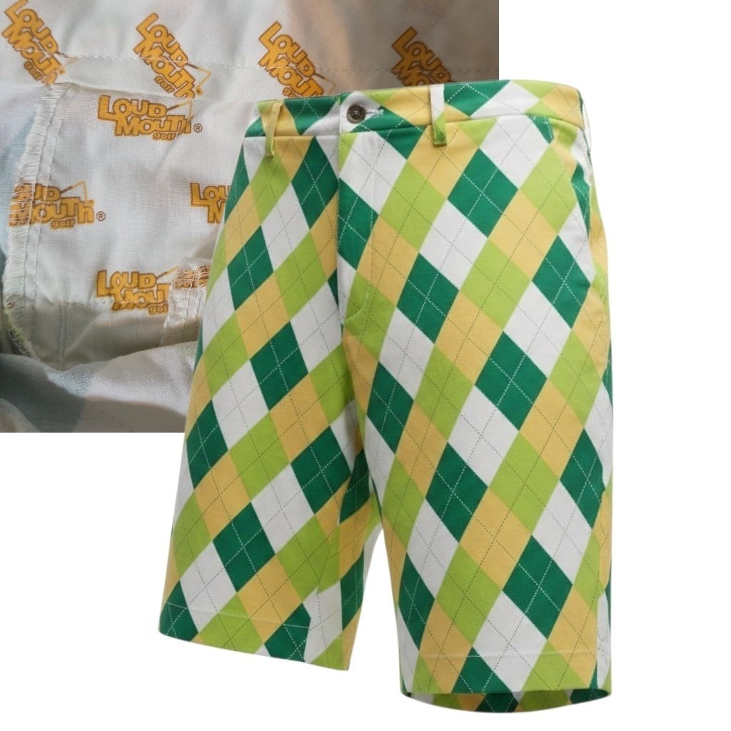 Loudmouth Golf Shorts Men 36 Green Yellow White Argyle Plaid Flat Front Stretch