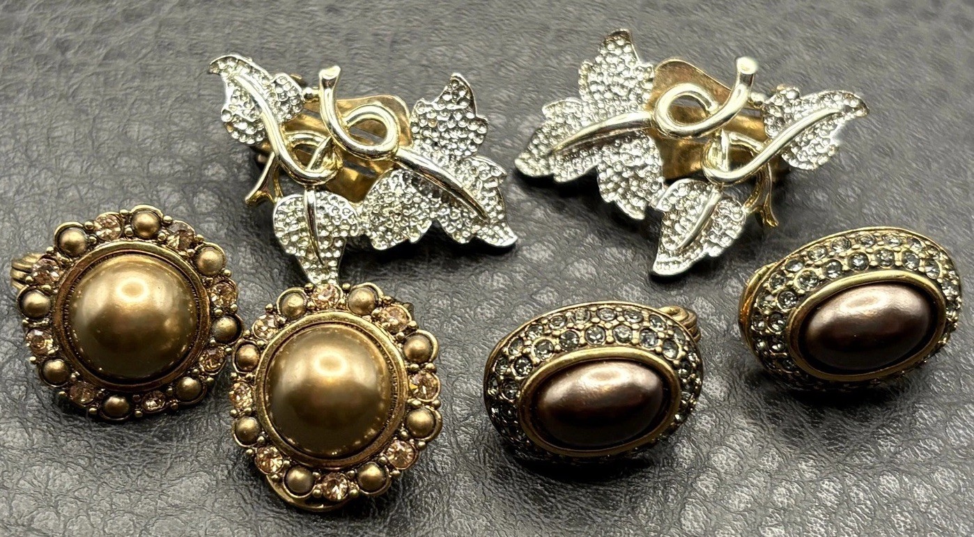 Vintage Lot Of 3 Rhinestone Clip On Earrings All Signed Monet Sarah Coventry