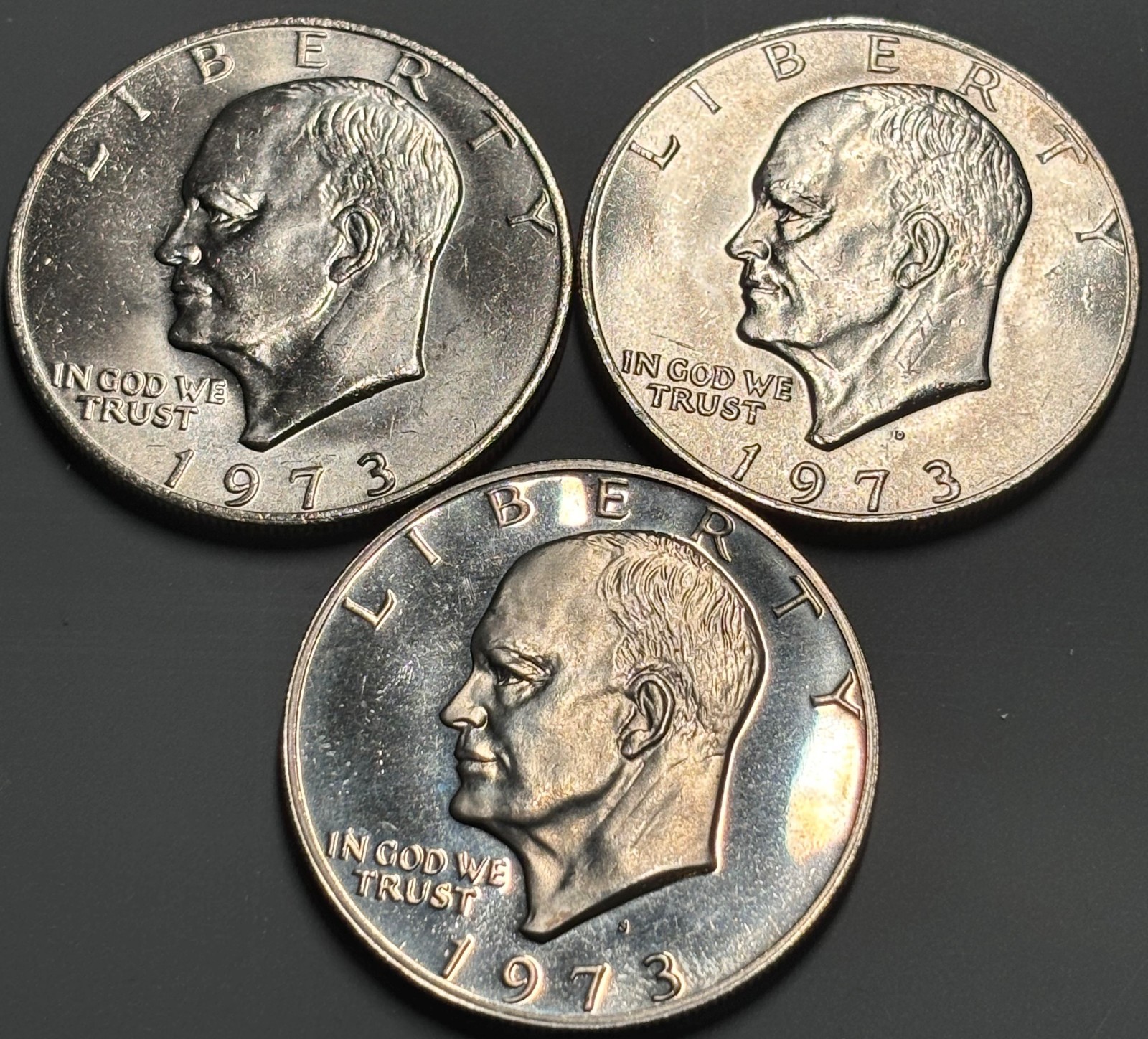 1973 P D S - Clad Proof and P & D Uncirculated Eisenhower Ike Dollar 3 Coin S11 1973 P D S - Clad Proof and P & D Uncirculated Eisenhower Ike Dollar 3 Coin S11