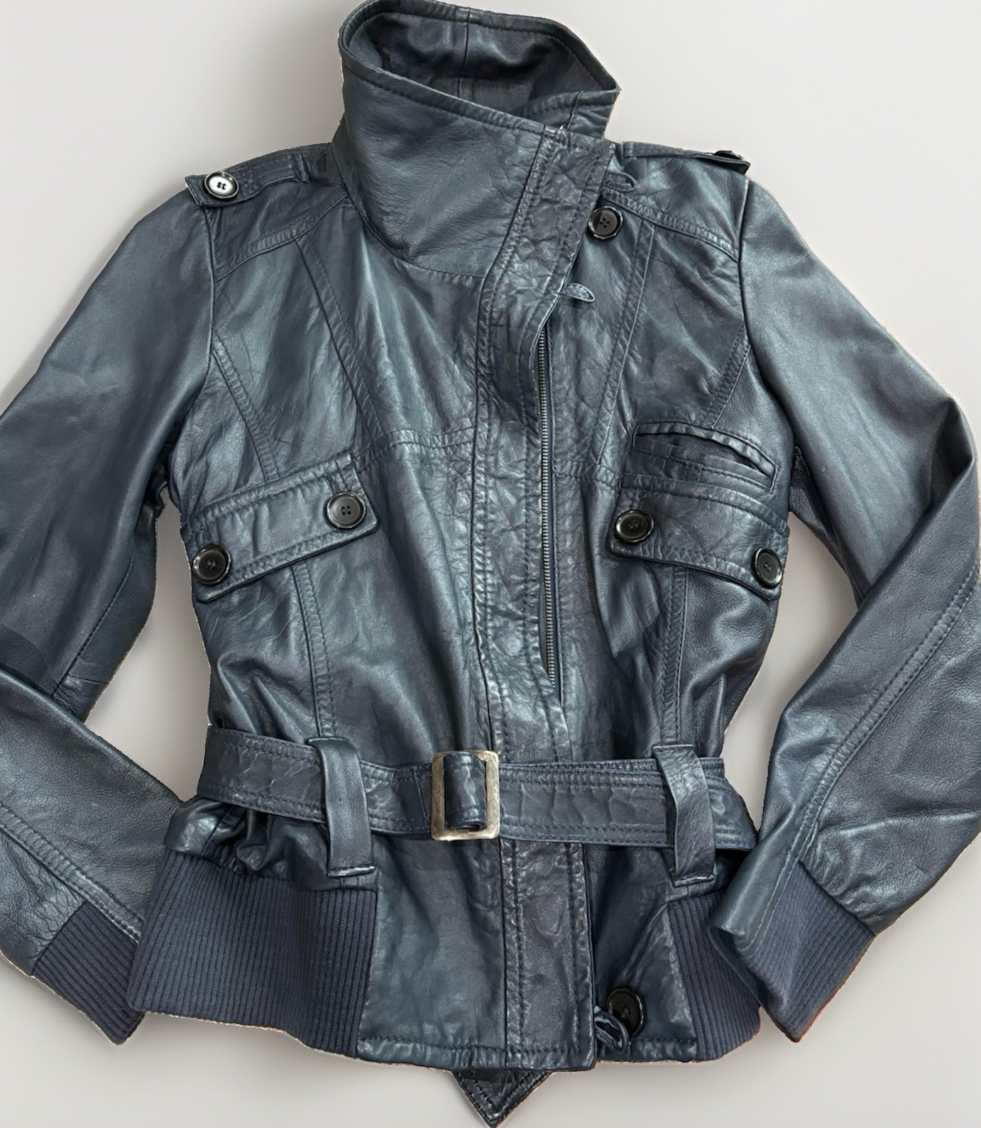 Pelle Studio Leather Moto Jacket Womens Size Medium NAVY Buttery Soft Belted EUC Pelle Studio Leather Moto Jacket Womens Size Medium NAVY Buttery Soft Belted EUC